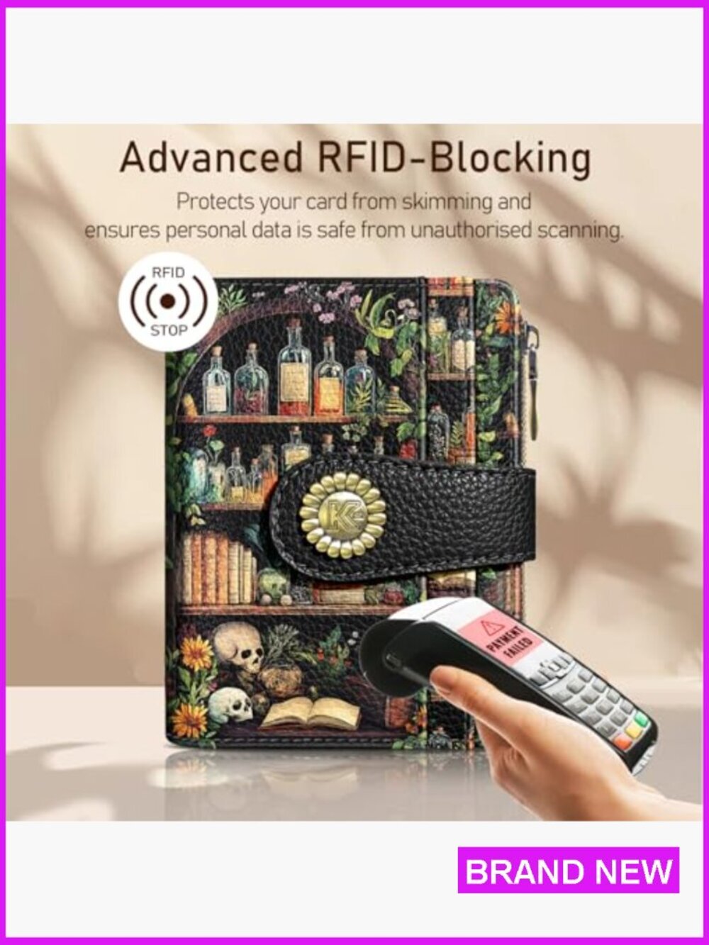 Gothic Bifold Wallet RFID Blocking Compact Travel Card Holder Zipper Coin Pocket - Picture 3 of 6